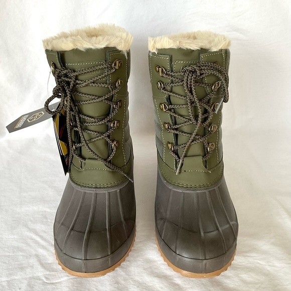 Khombu Faux Fur Duck Boots Booties Kathleen Waterproof Olive Green Sz 11 New - Picture 4 of 9